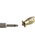 Brass clip cord loader showing 1/4 inch phono connection opening for tattoo machines
