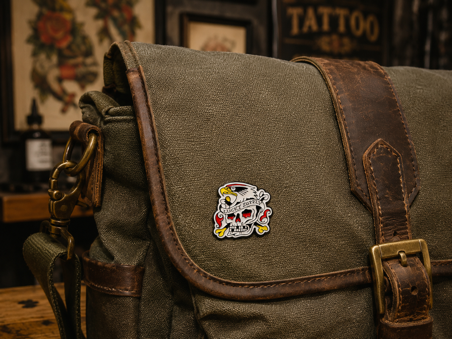 Lucky Supply x Chad Koeplinger Eagle Skull Enamel Pin on Bag
