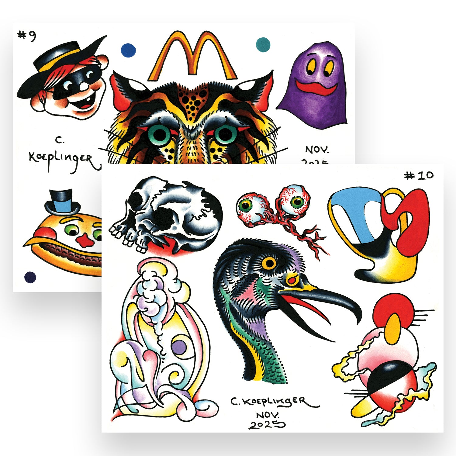 Collection of colorful tattoo designs by C. Koeplinger on a white background
