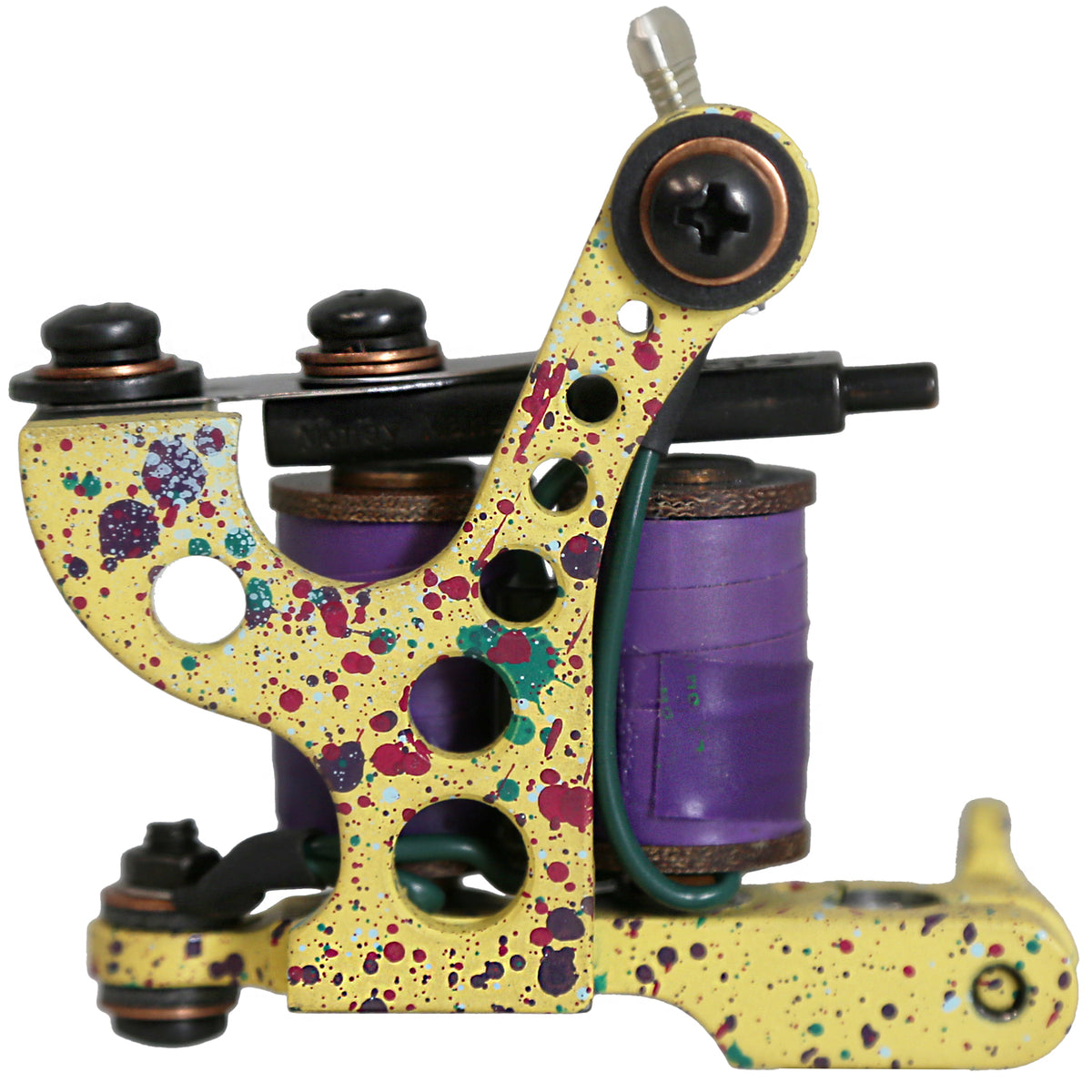 Coleman liner coil tattoo machine with yellow splatter finish and purple coils