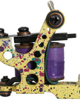 Coleman liner coil tattoo machine with yellow splatter finish and purple coils