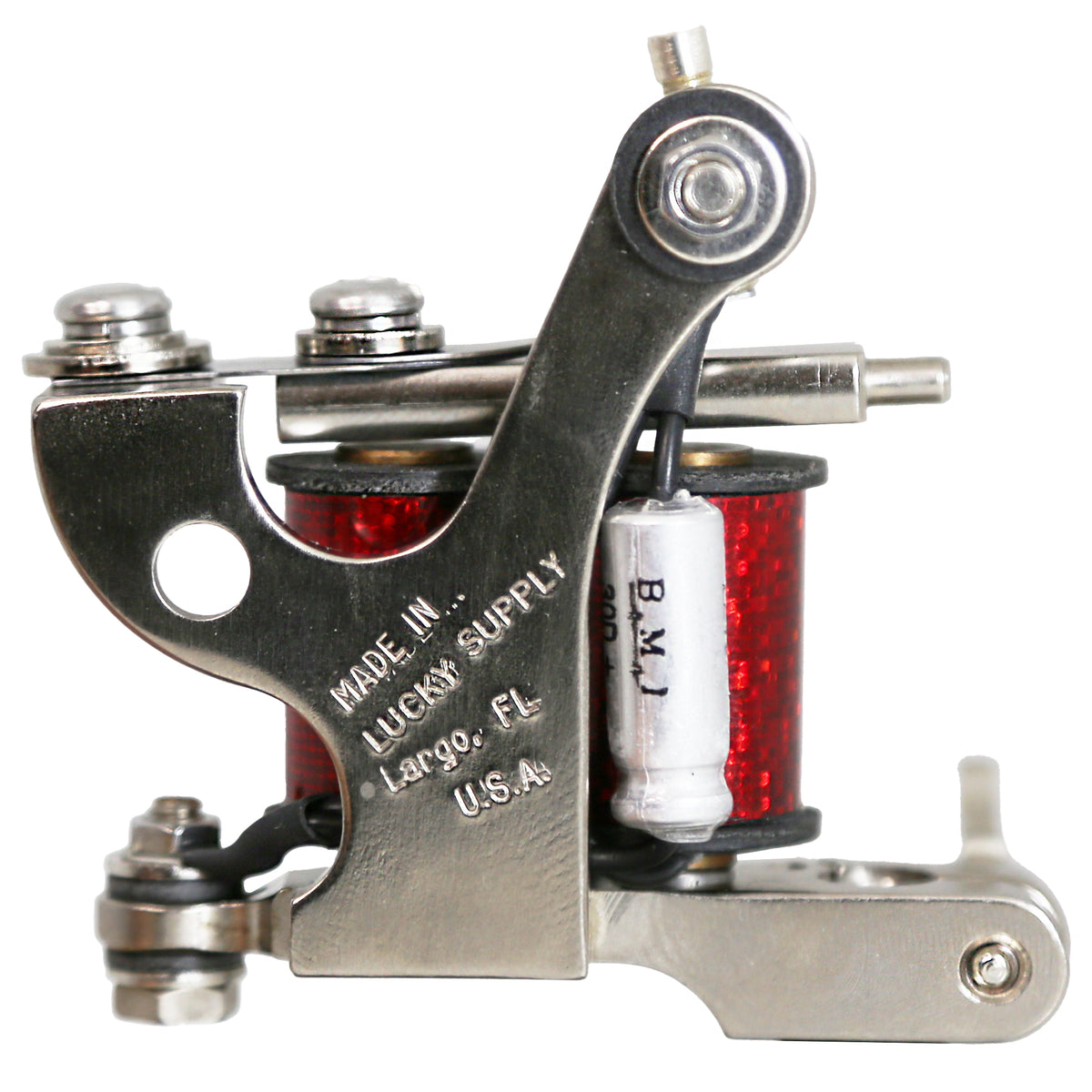 Coleman liner coil tattoo machine with nickel finish and red coil wrap