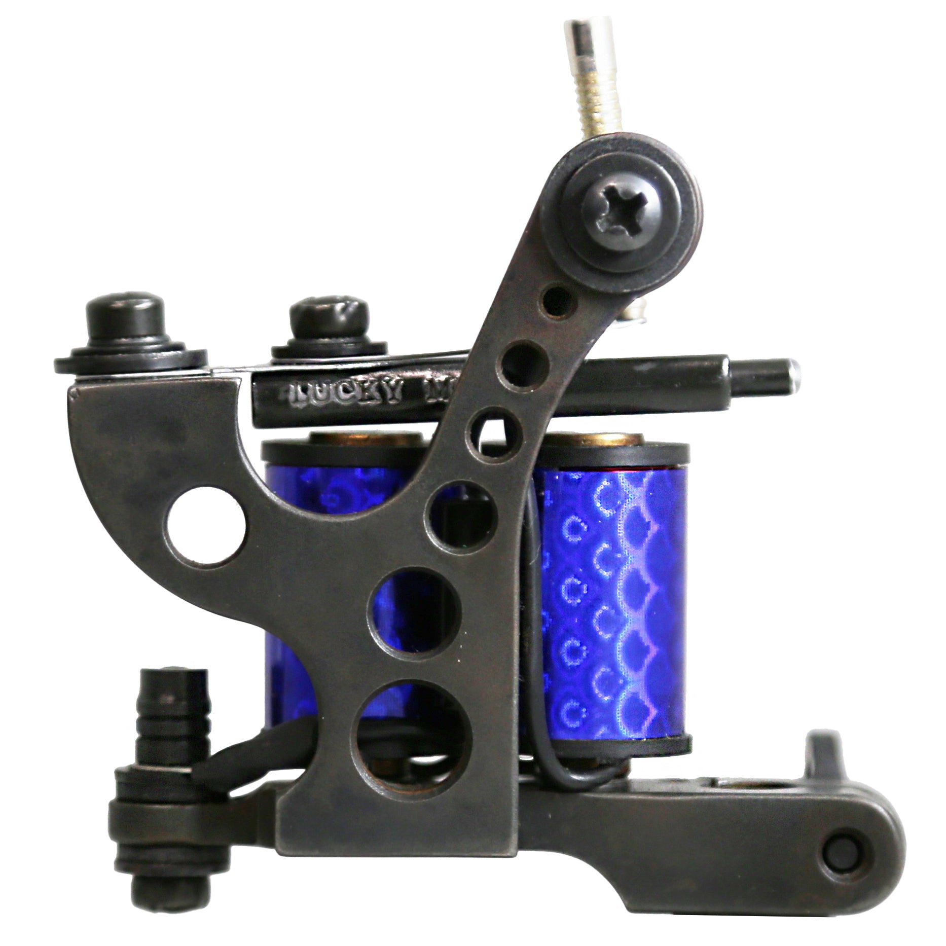 Lucky Supply Drilled-Out Coleman liner tattoo machine with blue coil wraps