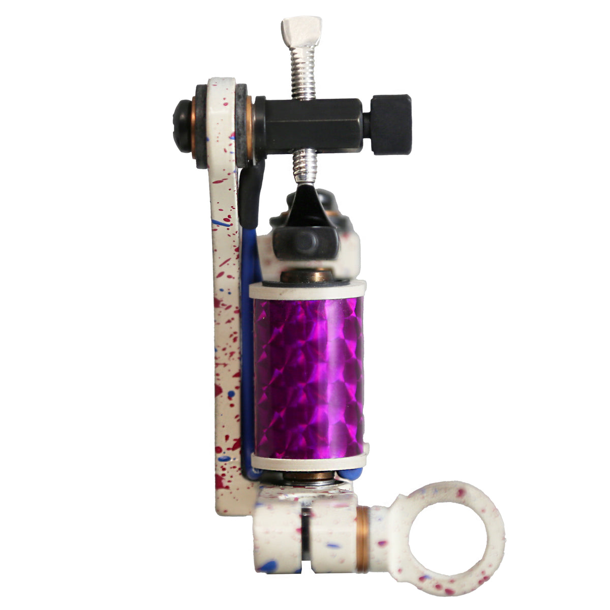 Coleman shader tattoo machine showing frame and tube-vise alignment