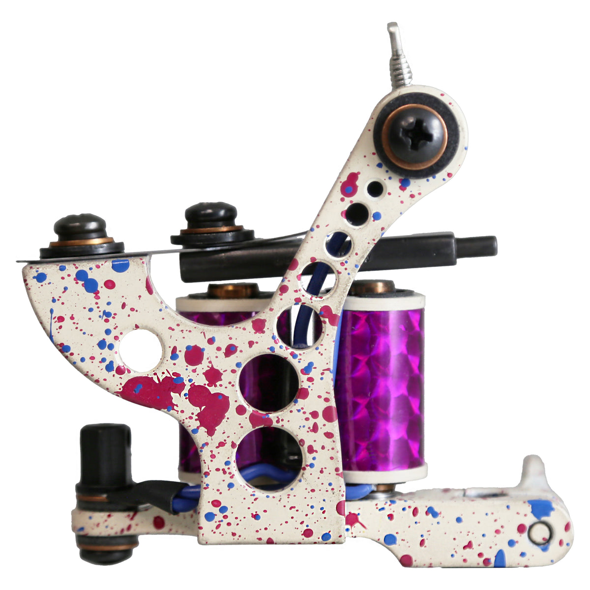 Coleman shader coil tattoo machine, frame-side view