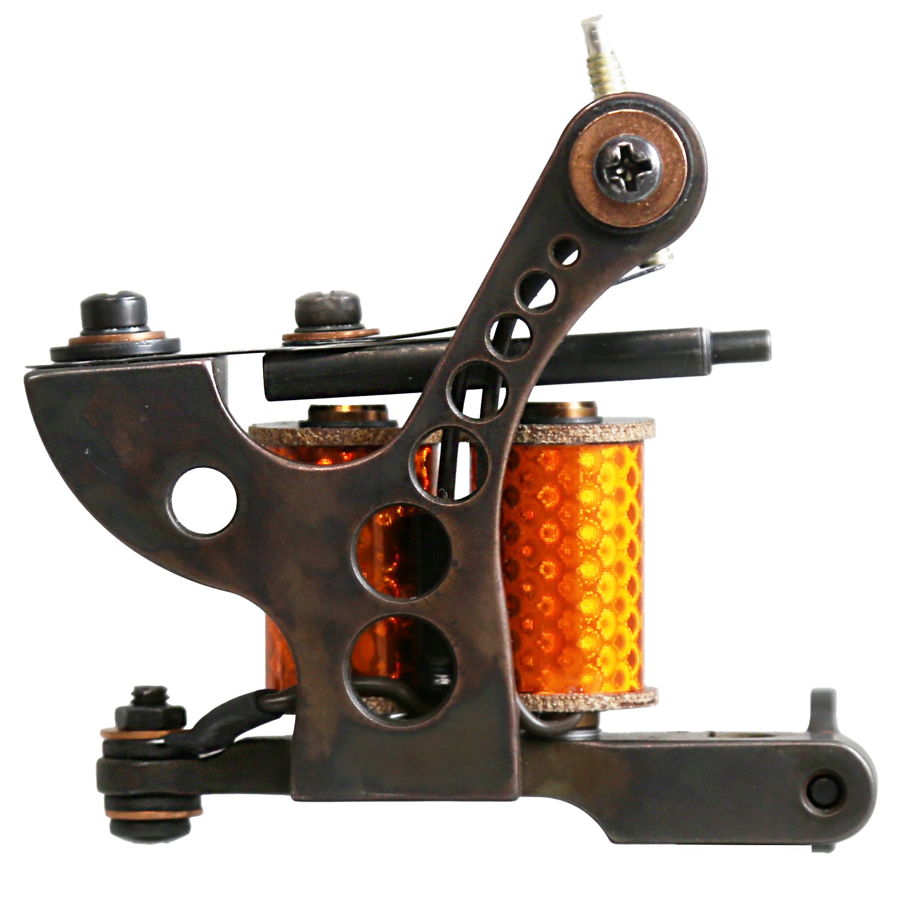 Lucky Supply Drilled Coleman shader tattoo machine with orange coil wraps