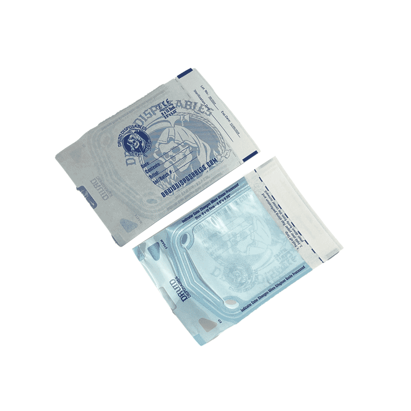A box of Druid Disposables self-sealing sterilization pouches, shown with two individual foil pouches in front on a white background.