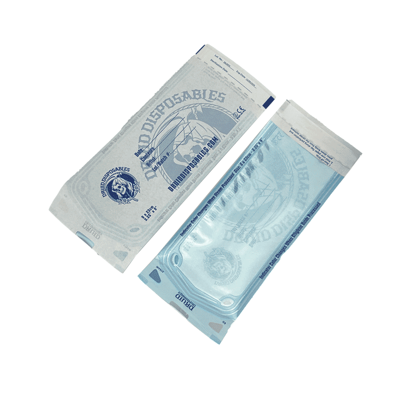A box of Druid Disposables self-sealing sterilization pouches, shown with two individual foil pouches in front on a white background.