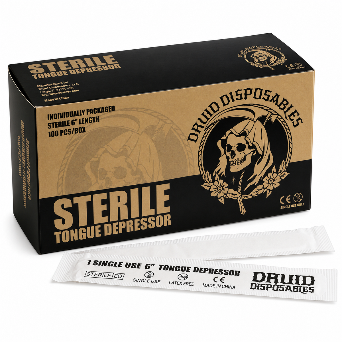 A box of Druid Disposables sterile tongue depressors shown at an angle, with one single-use packet placed in front on a clean white background.