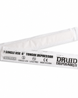 Two individually wrapped white single-use 6-inch tongue depressors with black printed text, including the brand name DRUID DISPOSABLES, on a plain white background.
