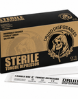 A box of Druid Disposables sterile tongue depressors shown at an angle, with one single-use packet placed in front on a clean white background.