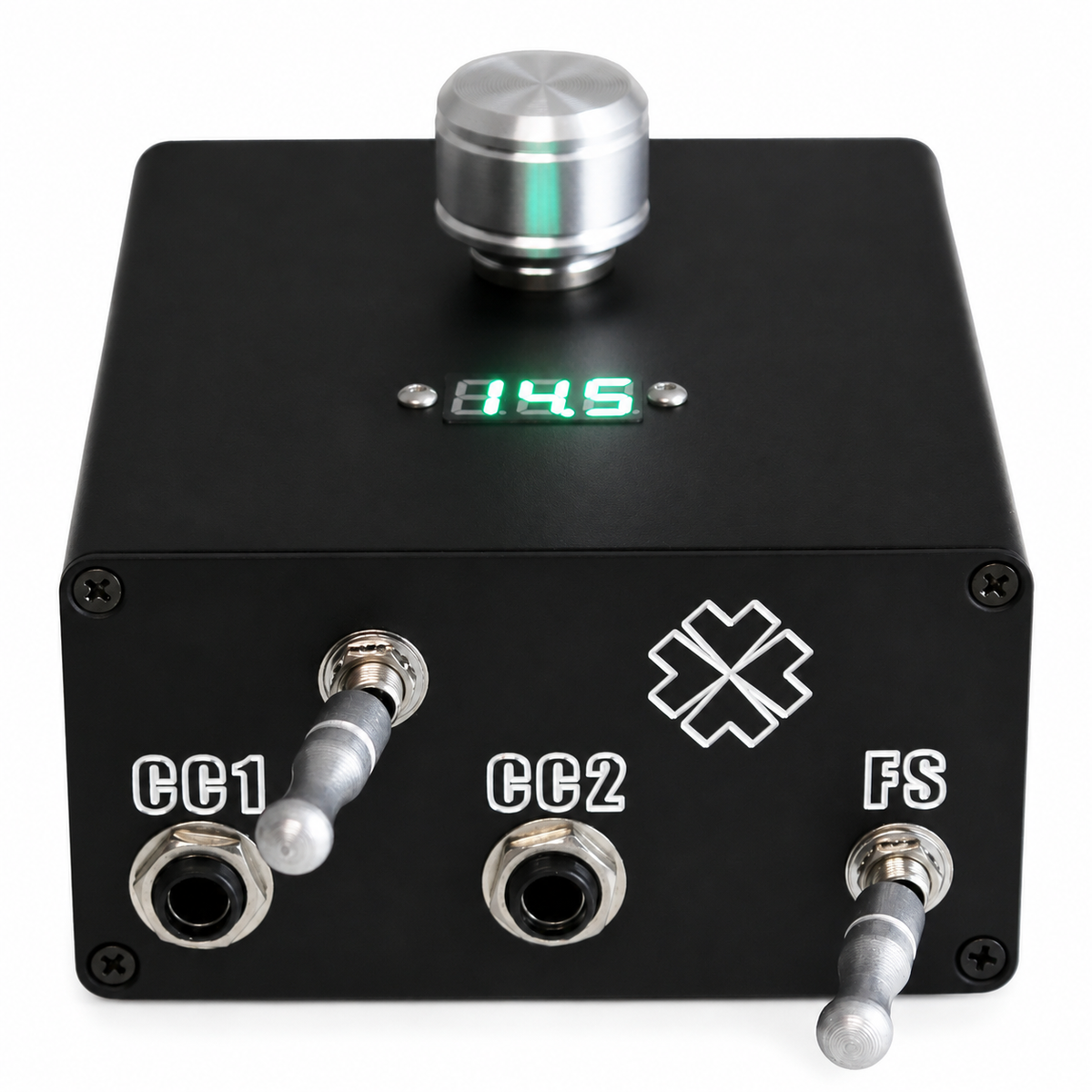 Front view of Lucky Compact Dual Power Supply showing LED voltage display and precision adjustment knob