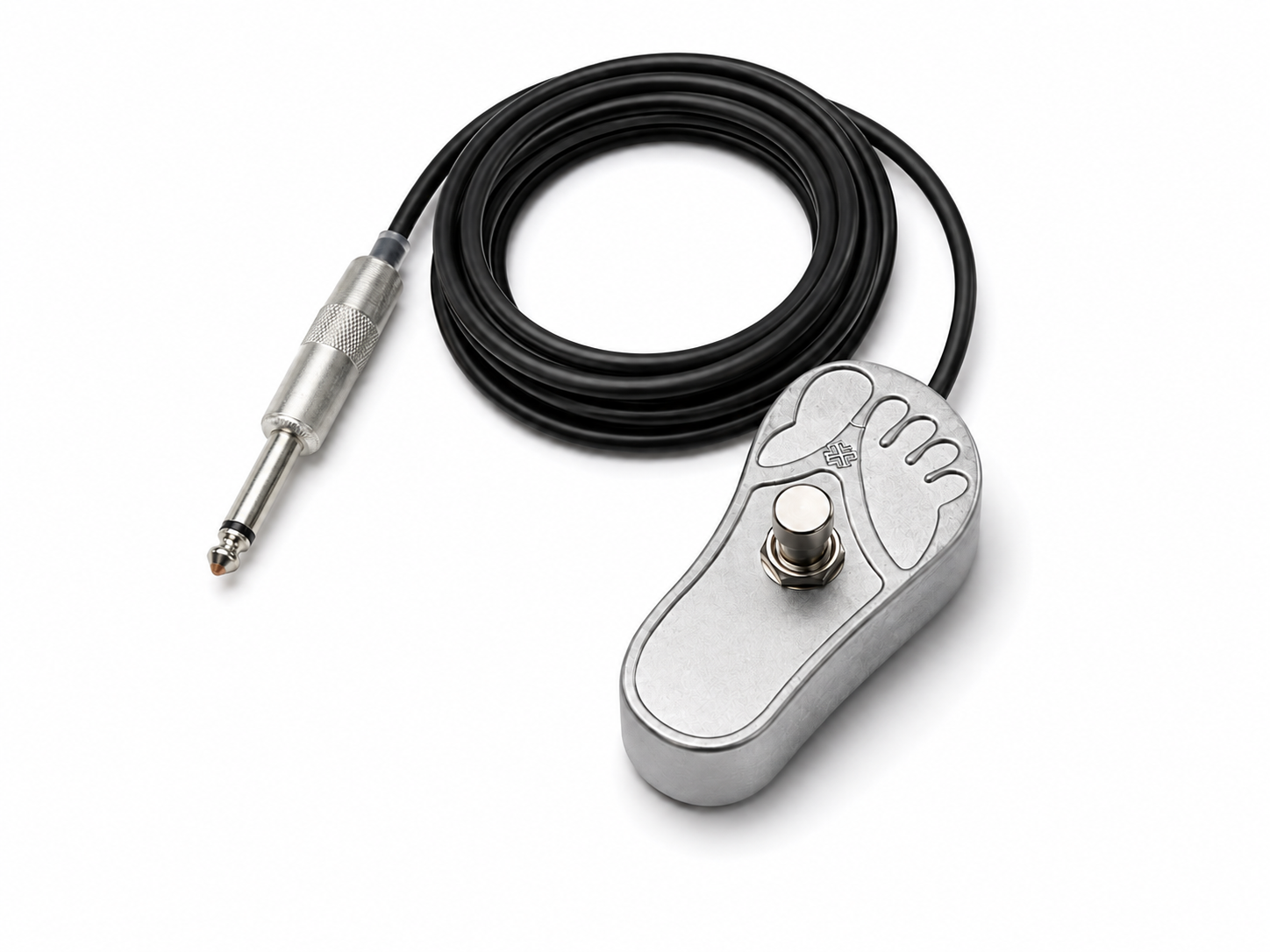 Aluminum constant-on tattoo footswitch with heavy-duty Carling pushbutton and 1/4-inch phono plug.