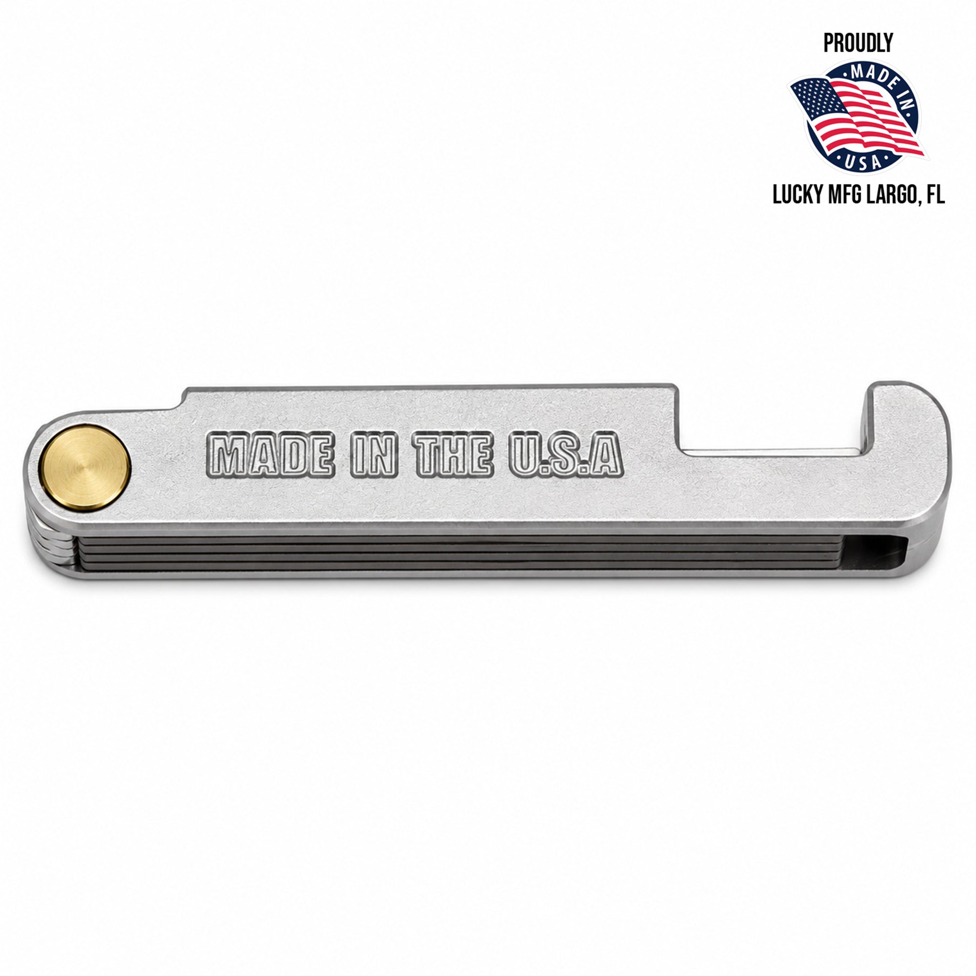 Lucky Supply stainless steel 32-blade feeler gauge set made in the USA by Lucky MFG for tattoo machine tuning.