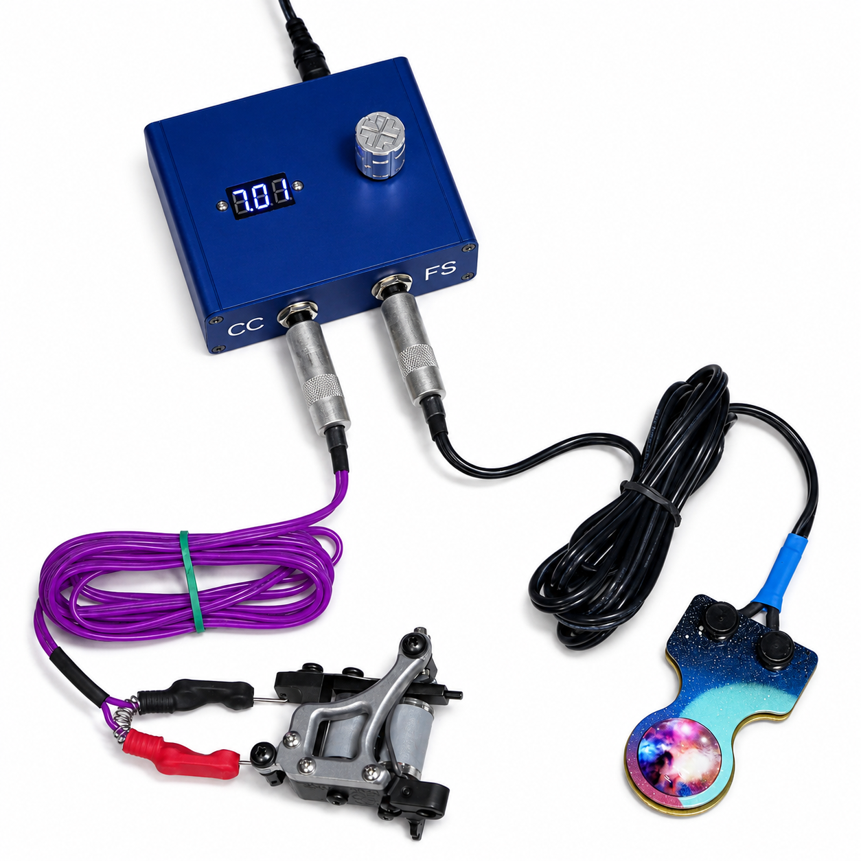 Lucky MFG Galaxy foot switch in professional tattoo workstation