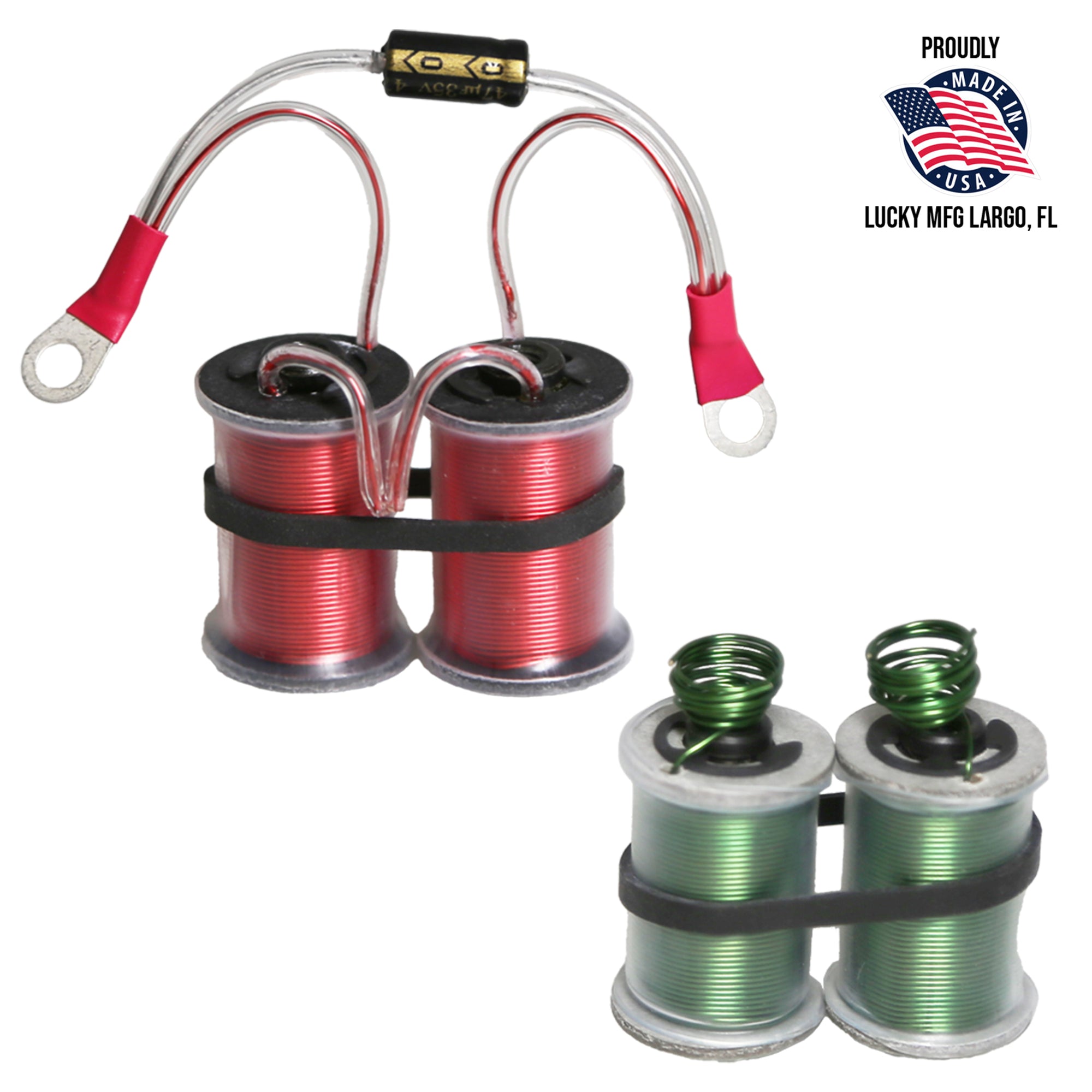 Two sets of wire spools with red and green wire, labeled &#39;Lucky Mfg&#39; from Largo, FL.