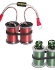 Two sets of 1 1/4 inch 8 wrap coils with clear heat shrink, one set with red wires and black washers, and one set with green wires and black washers.