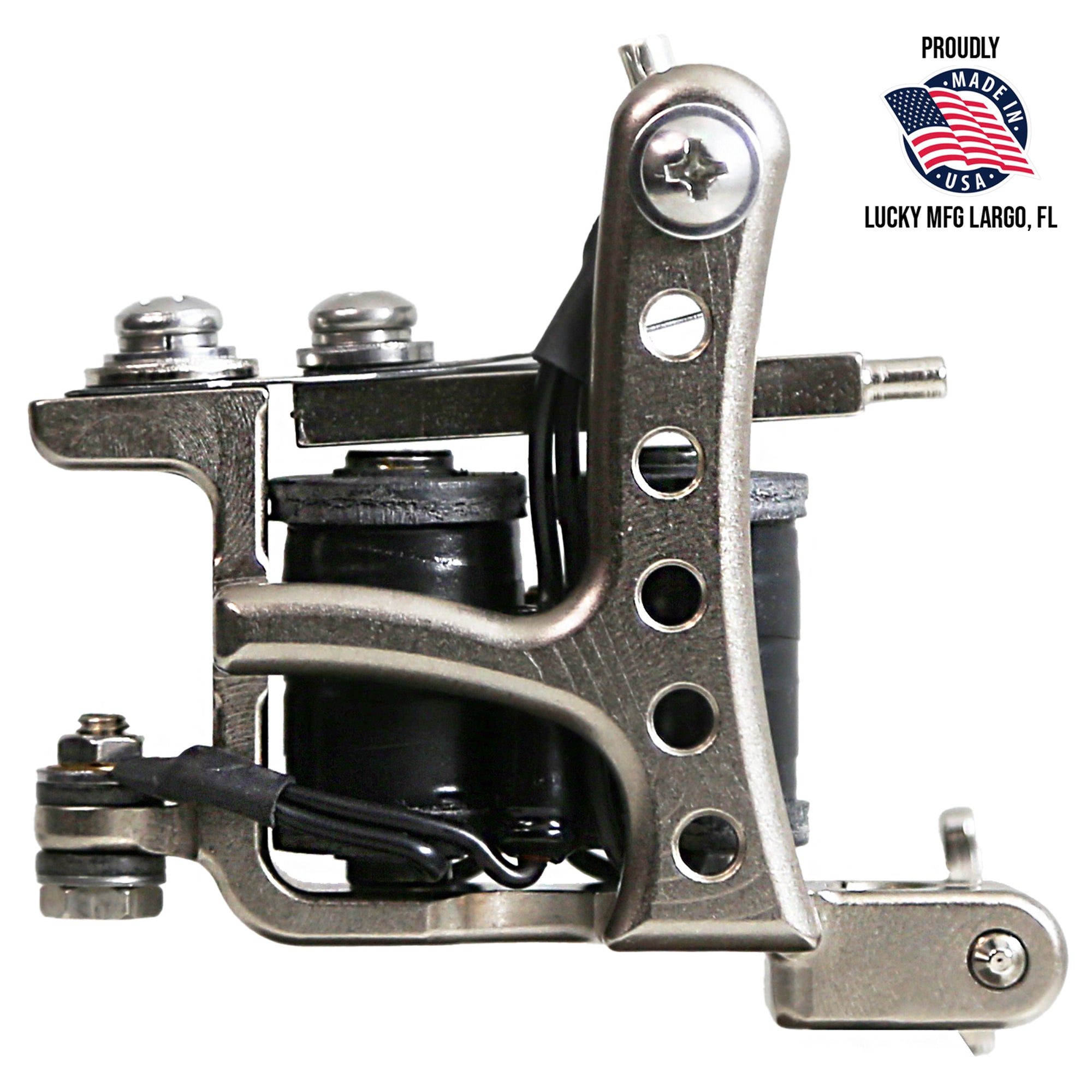 Jonesy-style Electric Black one-off liner tattoo machine by Lucky Supply shown beside Proudly Made in USA Lucky MFG Largo, FL graphic.