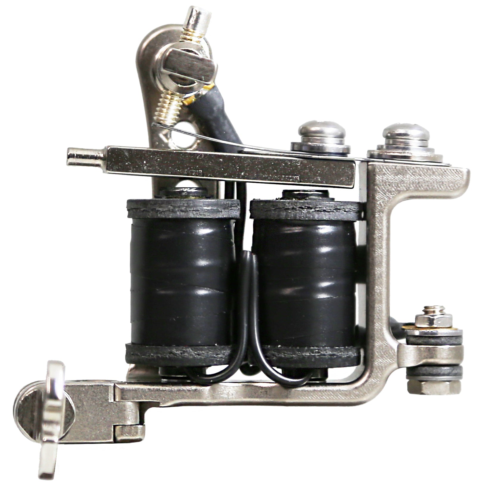 Side profile of a Jonesy-style Electric Black coil liner tattoo machine with black wrapped coils, drilled frame holes, and traditional handmade construction.