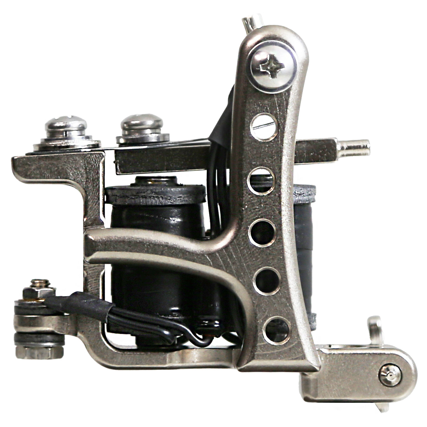 Jonesy-style Electric Black one-off coil liner tattoo machine handmade by Lucky Supply featuring drilled lightweight frame construction and black wrapped coils.