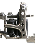 Jonesy-style Electric Black one-off coil liner tattoo machine handmade by Lucky Supply featuring drilled lightweight frame construction and black wrapped coils.