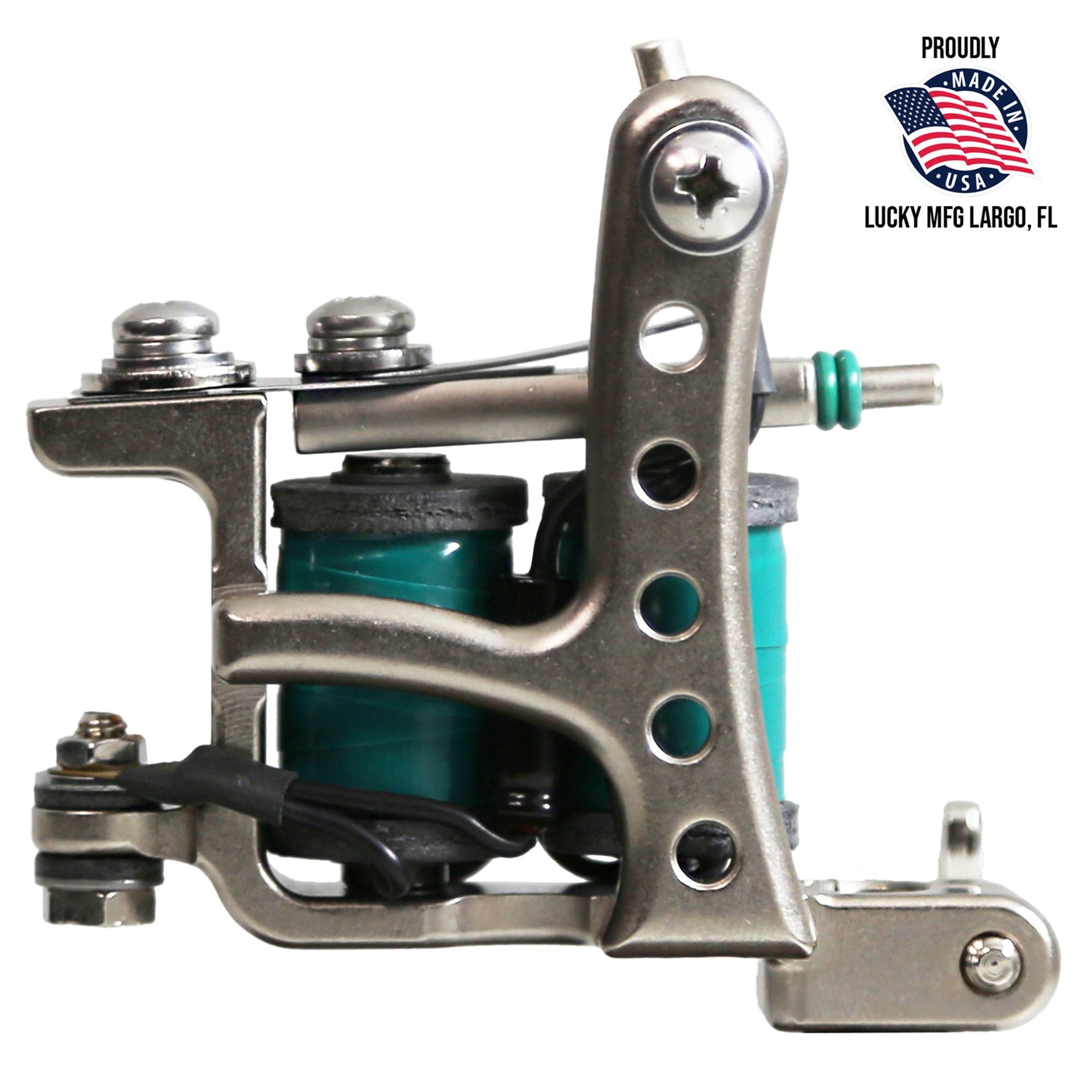Jonesy-style Electric Green one-off liner tattoo machine by Lucky Supply shown beside Proudly Made in USA Lucky MFG Largo, FL graphic.