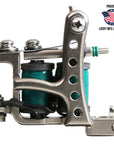 Jonesy-style Electric Green one-off liner tattoo machine by Lucky Supply shown beside Proudly Made in USA Lucky MFG Largo, FL graphic.