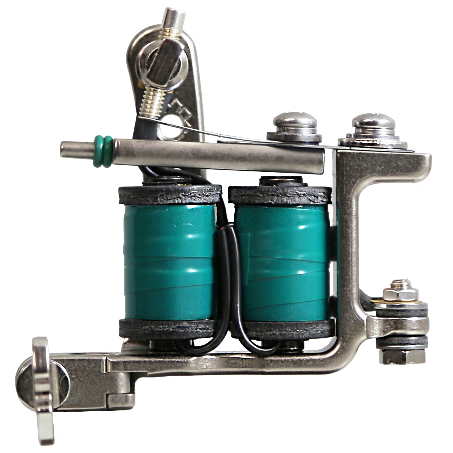 Side profile of a Jonesy-style Electric Green coil liner tattoo machine with electric green coil wraps, drilled frame holes, and traditional handmade construction.