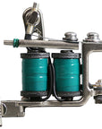 Side profile of a Jonesy-style Electric Green coil liner tattoo machine with electric green coil wraps, drilled frame holes, and traditional handmade construction.