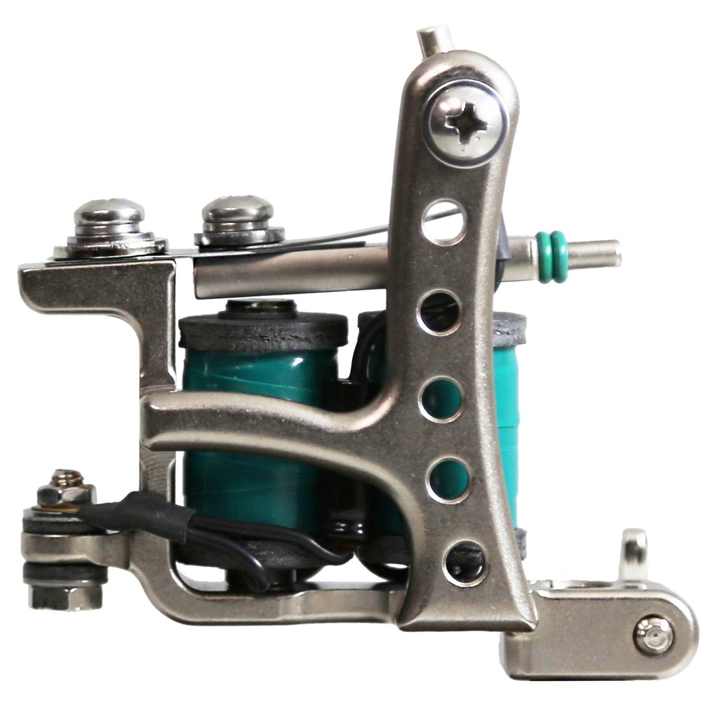 Jonesy-style Electric Green one-off coil liner tattoo machine handmade by Lucky Supply featuring drilled lightweight frame construction and electric green coil wraps.
