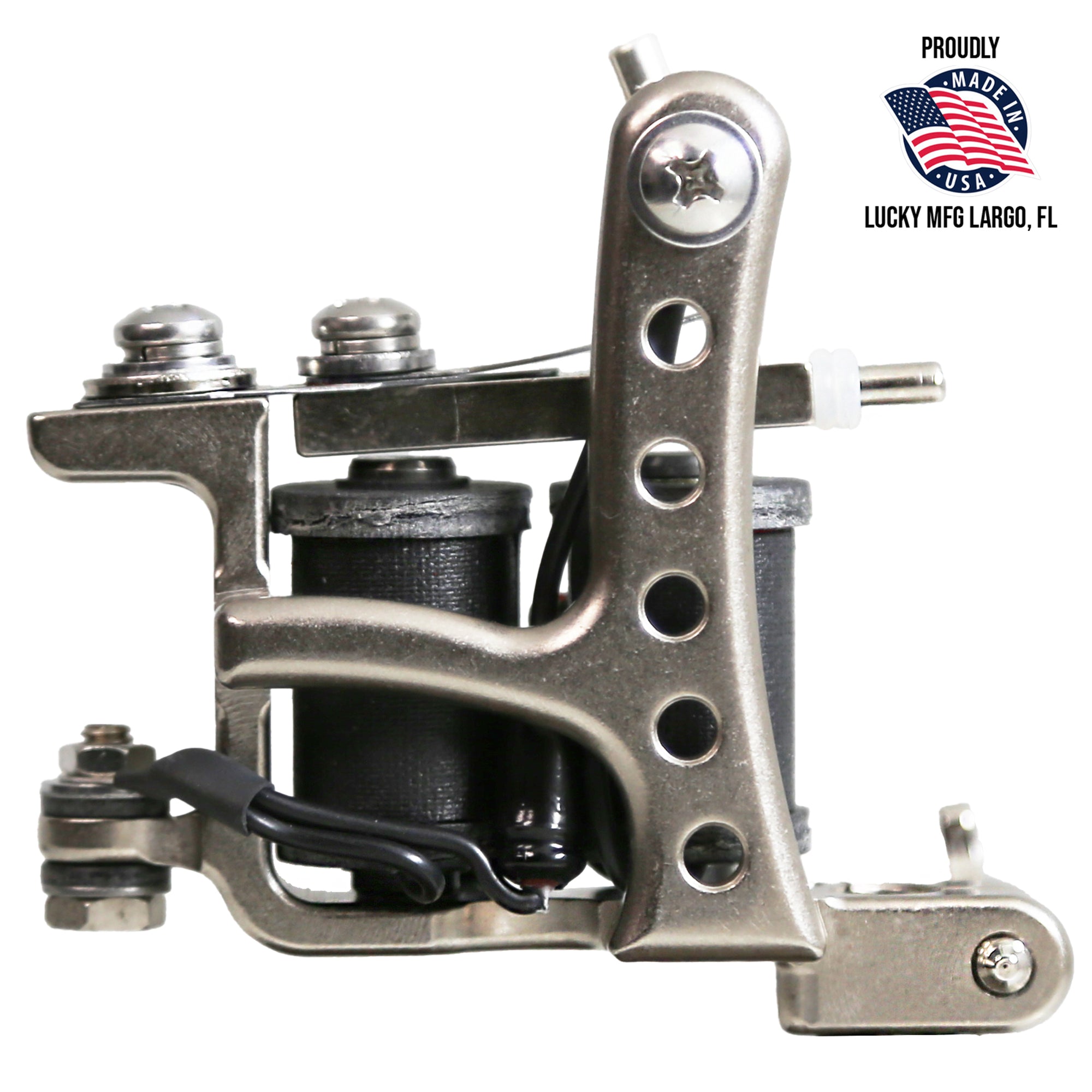 Jonesy-style Flat Black one-off liner tattoo machine by Lucky Supply shown beside Proudly Made in USA Lucky MFG Largo, FL graphic.