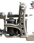 Jonesy-style Flat Black one-off liner tattoo machine by Lucky Supply shown beside Proudly Made in USA Lucky MFG Largo, FL graphic.