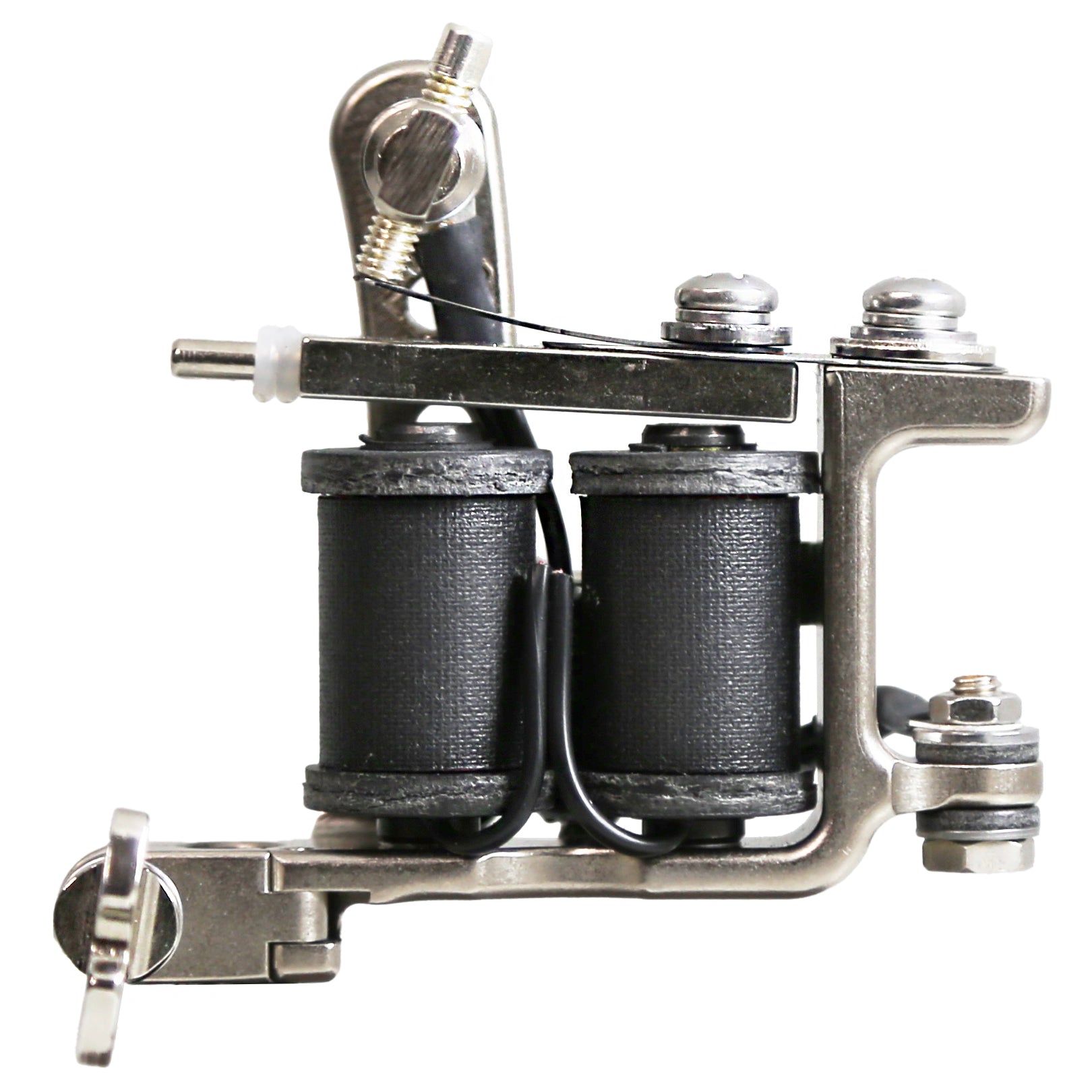 Side profile of a Jonesy-style Flat Black coil liner tattoo machine with flat black coil wraps, drilled frame holes, and traditional handmade construction.
