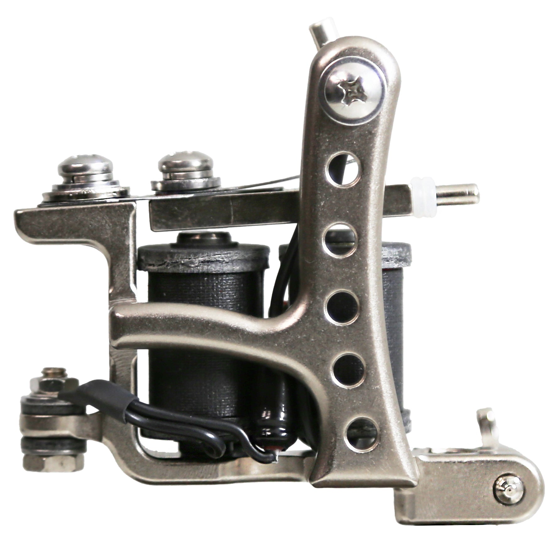 Jonesy-style Flat Black one-off coil liner tattoo machine handmade by Lucky Supply featuring drilled lightweight frame construction and flat black coil wraps.