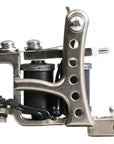 Jonesy-style Flat Black one-off coil liner tattoo machine handmade by Lucky Supply featuring drilled lightweight frame construction and flat black coil wraps.