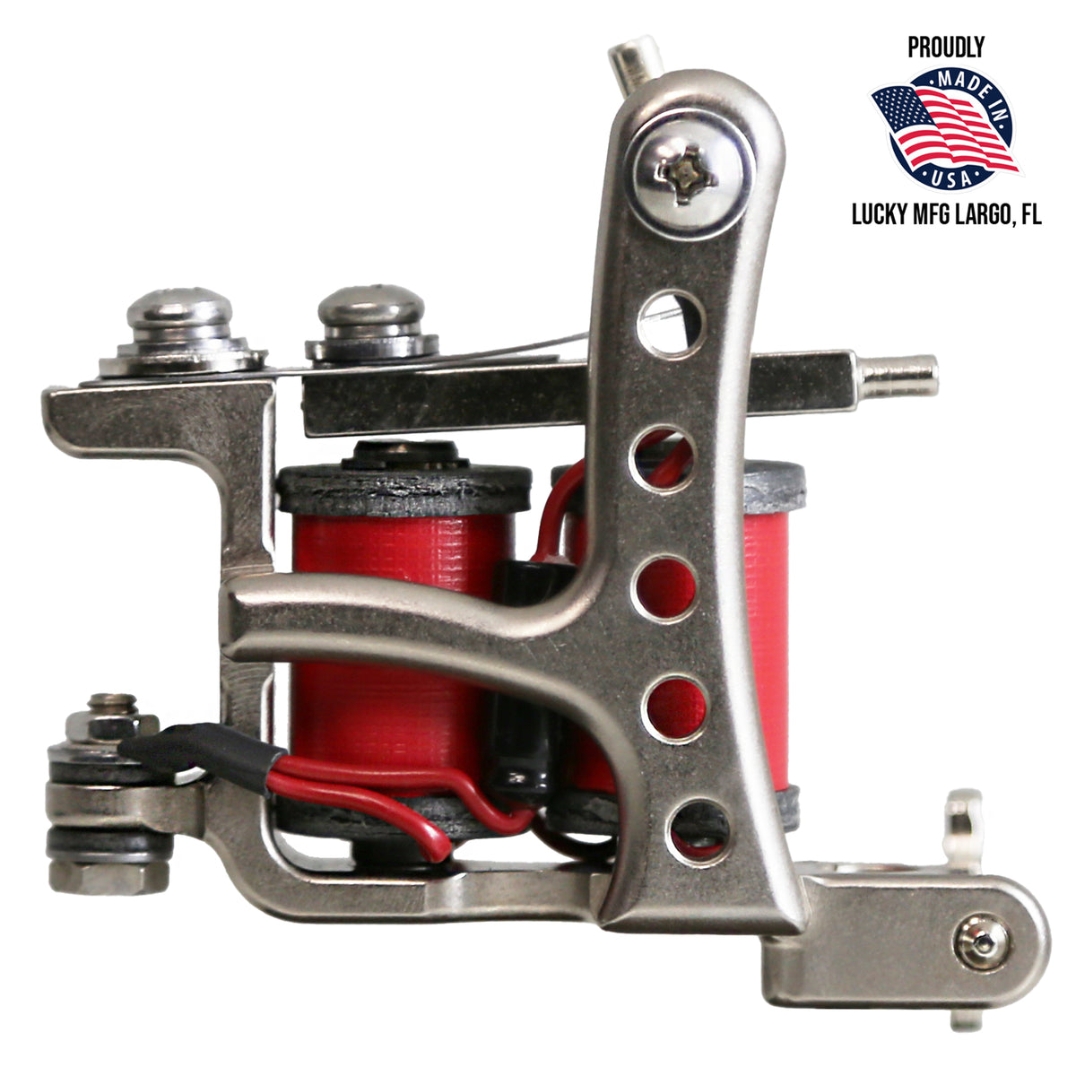 Jonesy Style Flat Red coil liner tattoo machine handmade by Lucky MFG in Largo Florida