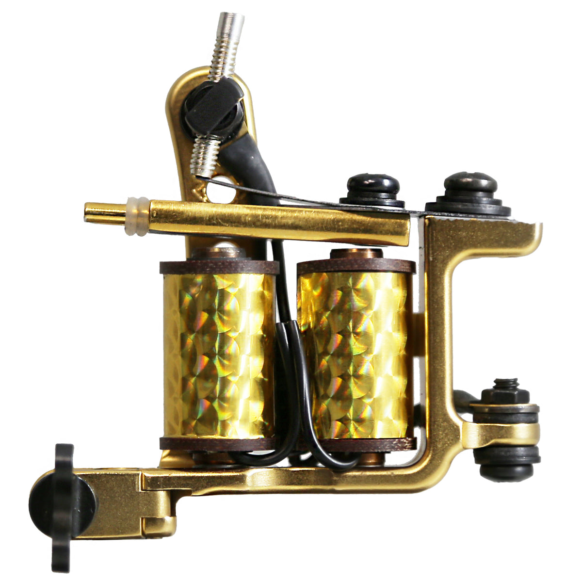 Lucky MFG Jonesy Style gold-plated iron frame coil liner tattoo machine – coils side