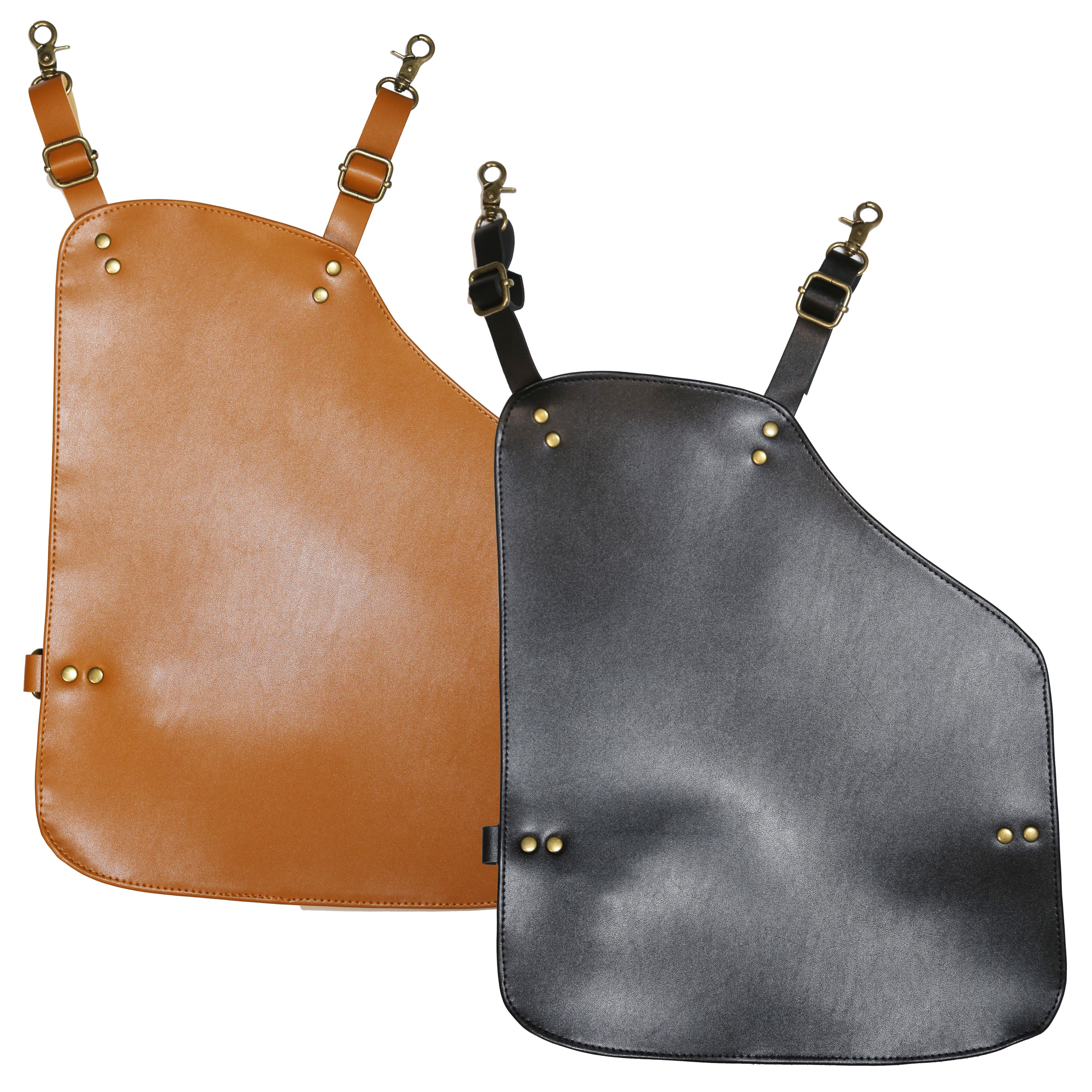 Two leg aprons, one in black and one in tan, displayed side by side with straps attached to them.