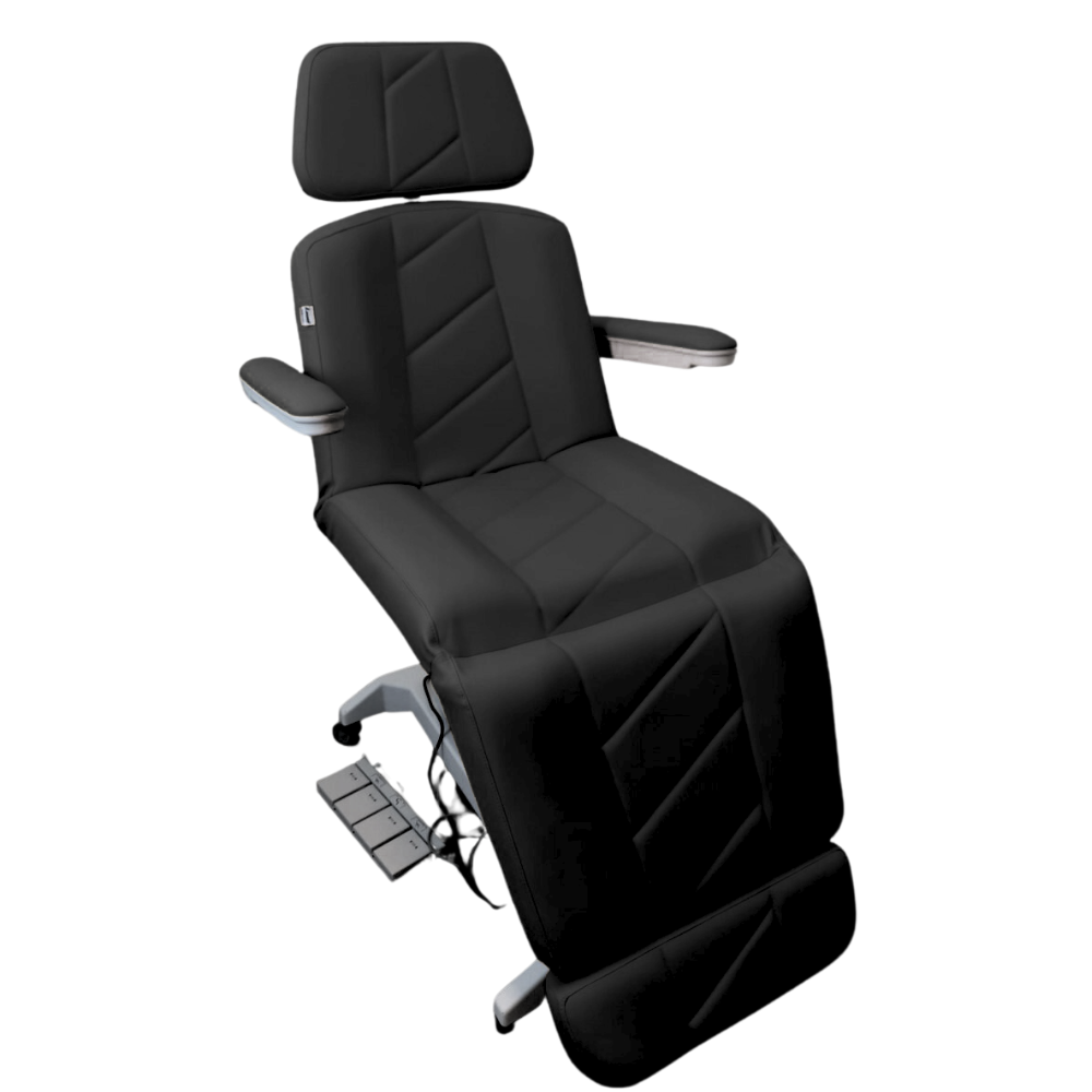 Lemi 4 electric procedure chair positioned upright with ergonomic Black upholstery and integrated arm rests