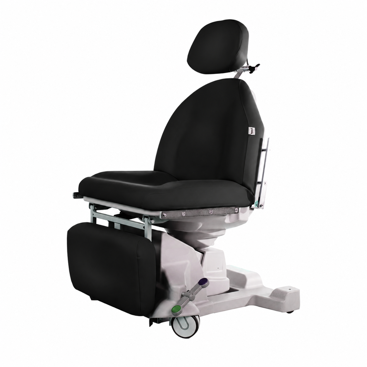 Lemi Monza Move Power Procedure Chair with mobile locking caster base and Black medical-grade upholstery.