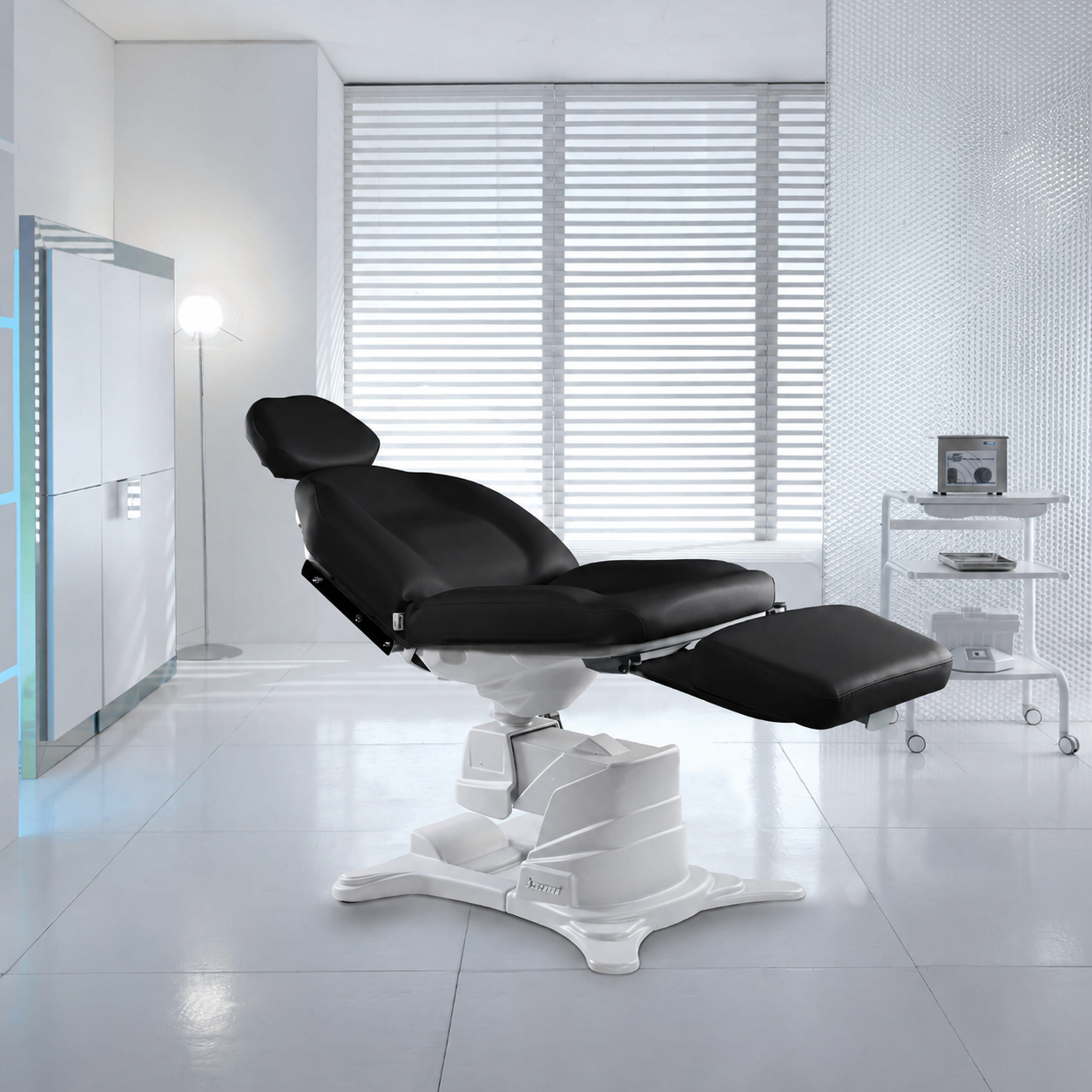 Lemi Monza Stationary Power Procedure Chair with Black medical-grade upholstery and three electric adjustments.