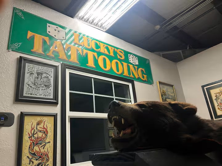 Tattoo artist workstation inside Lucky’s Tattoo Museum