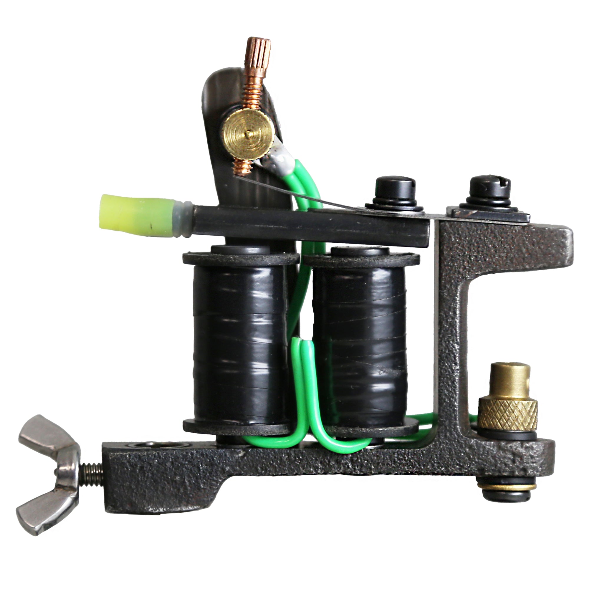 Rear view of Lucky Loz one-off 6 wrap liner with dual black coils, green wiring and textured metal frame.
