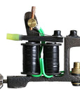 Rear view of Lucky Loz one-off 6 wrap liner with dual black coils, green wiring and textured metal frame.
