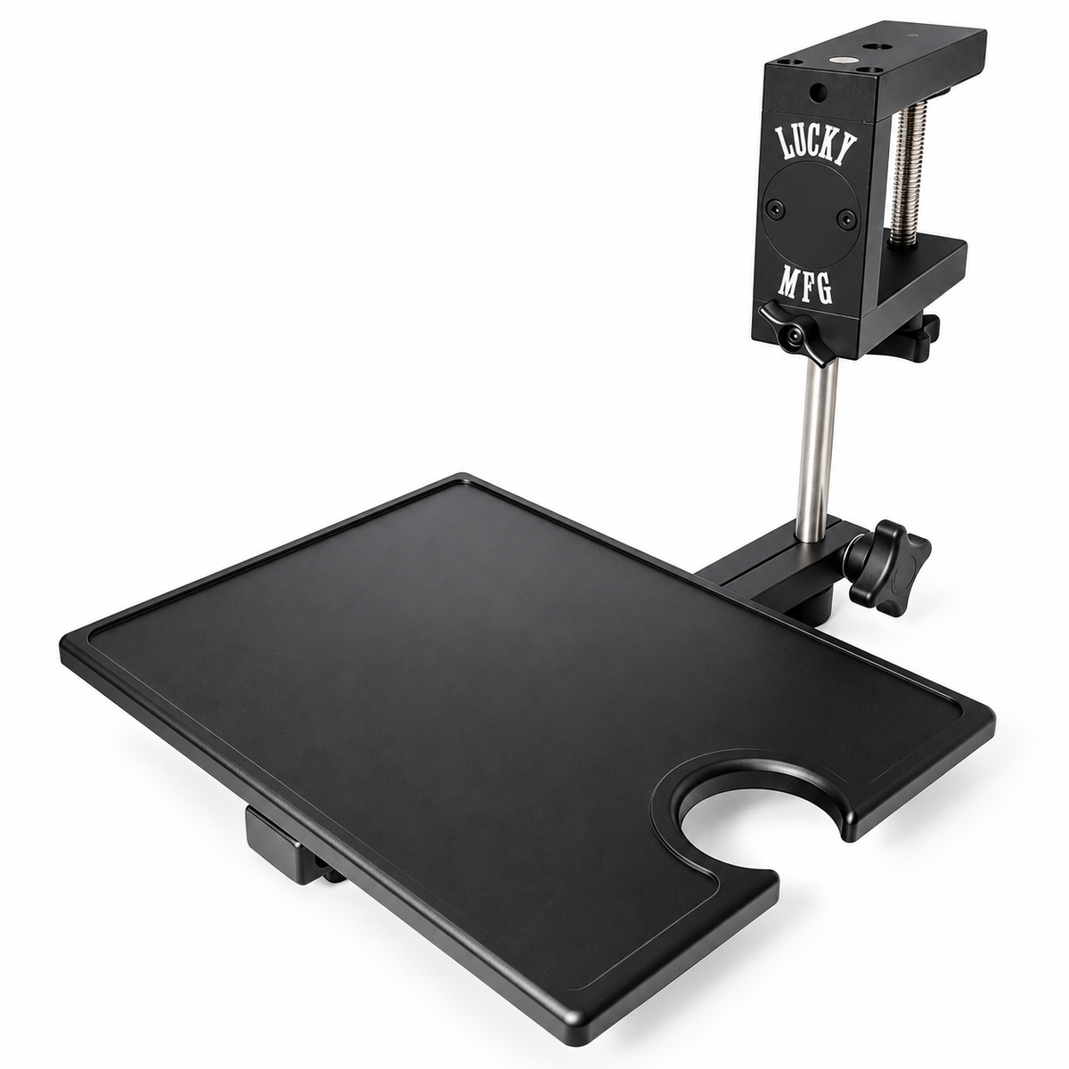 Portable tattoo workstation tray with built-in rinse cup holder and adjustable mounting system