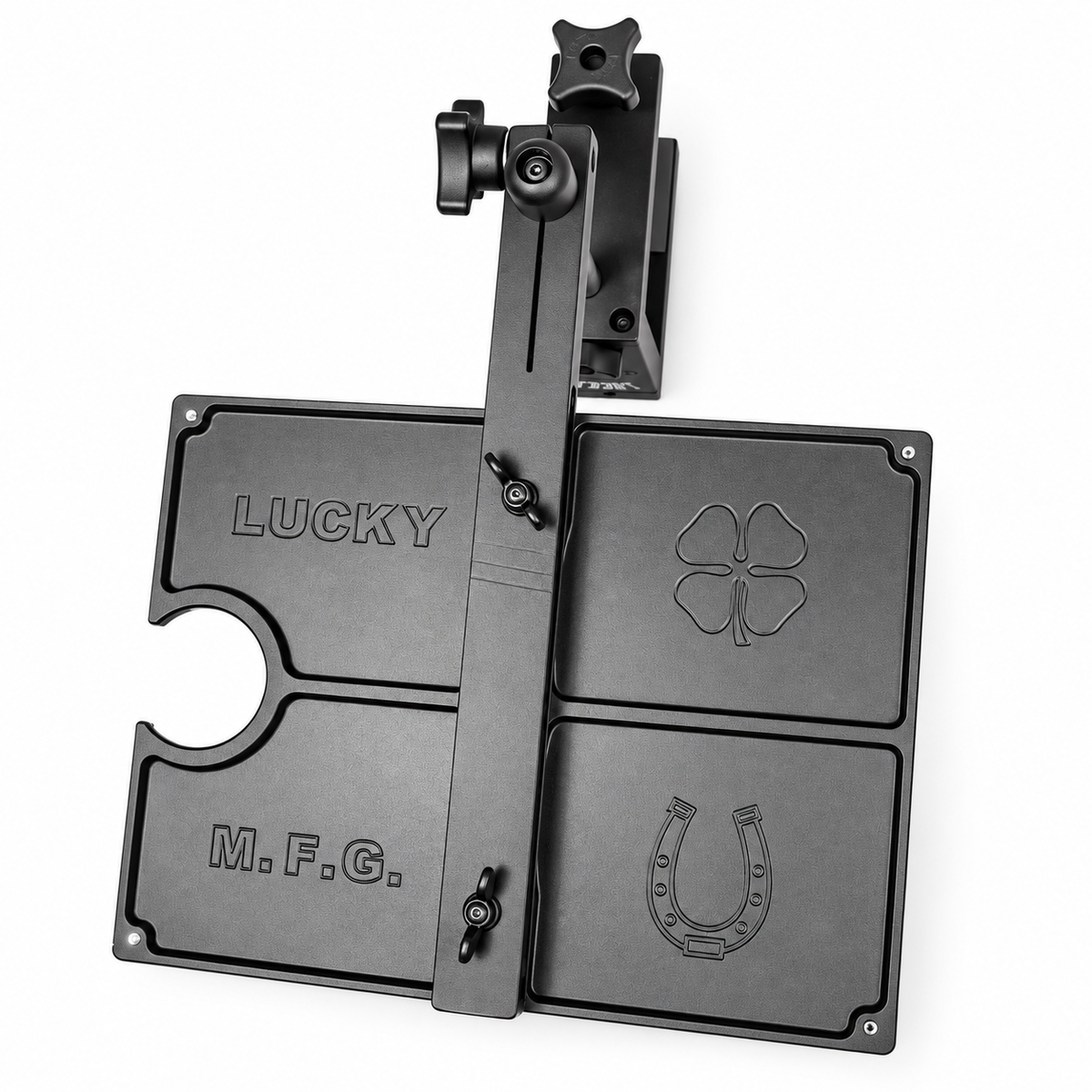 Underside of Lucky Supply Portable Work Station showing adjustable support arm and hardware