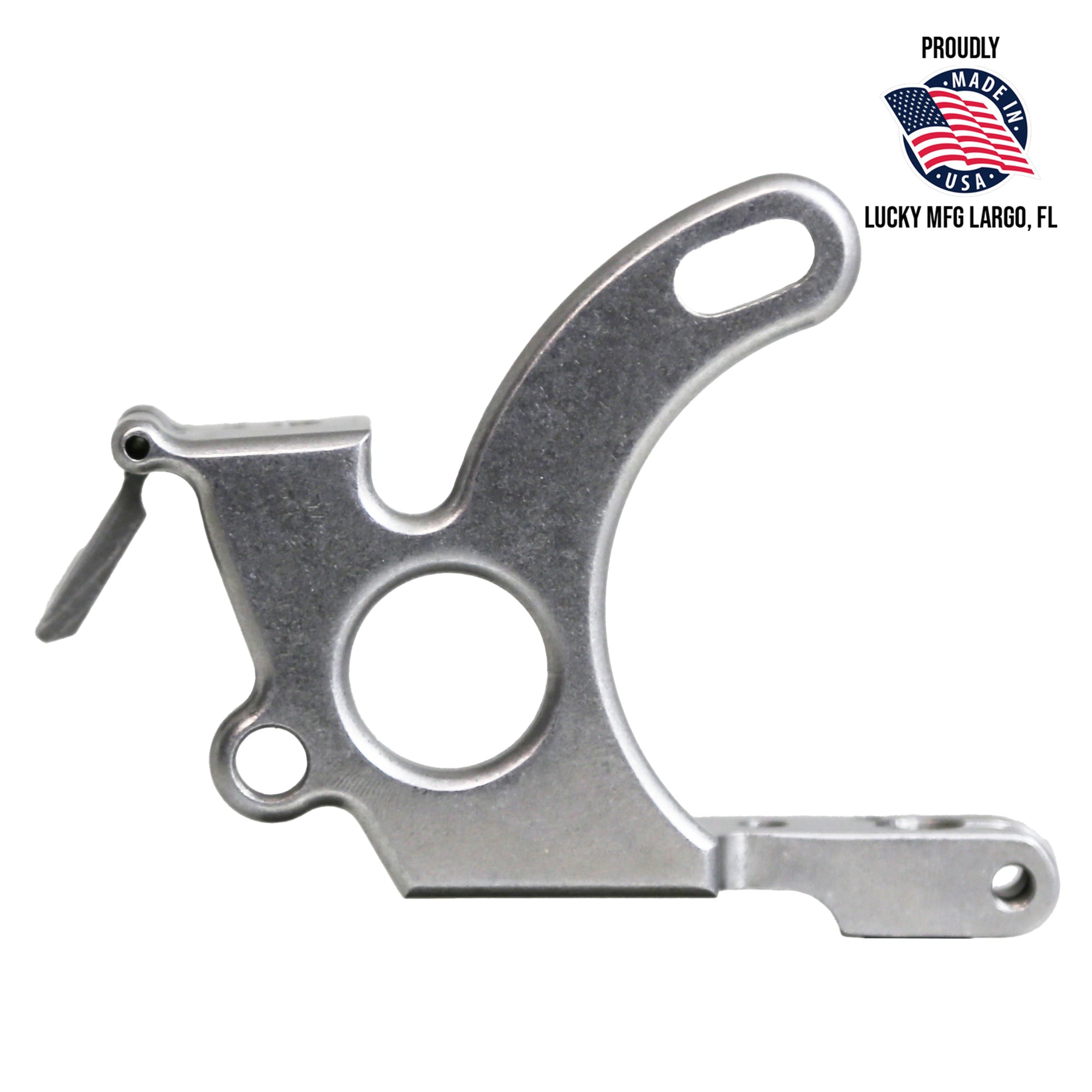 Lucky Supply Universal tattoo machine frame with hinged spring shelf and hinged tube vise for liner and shader coil machine builds.