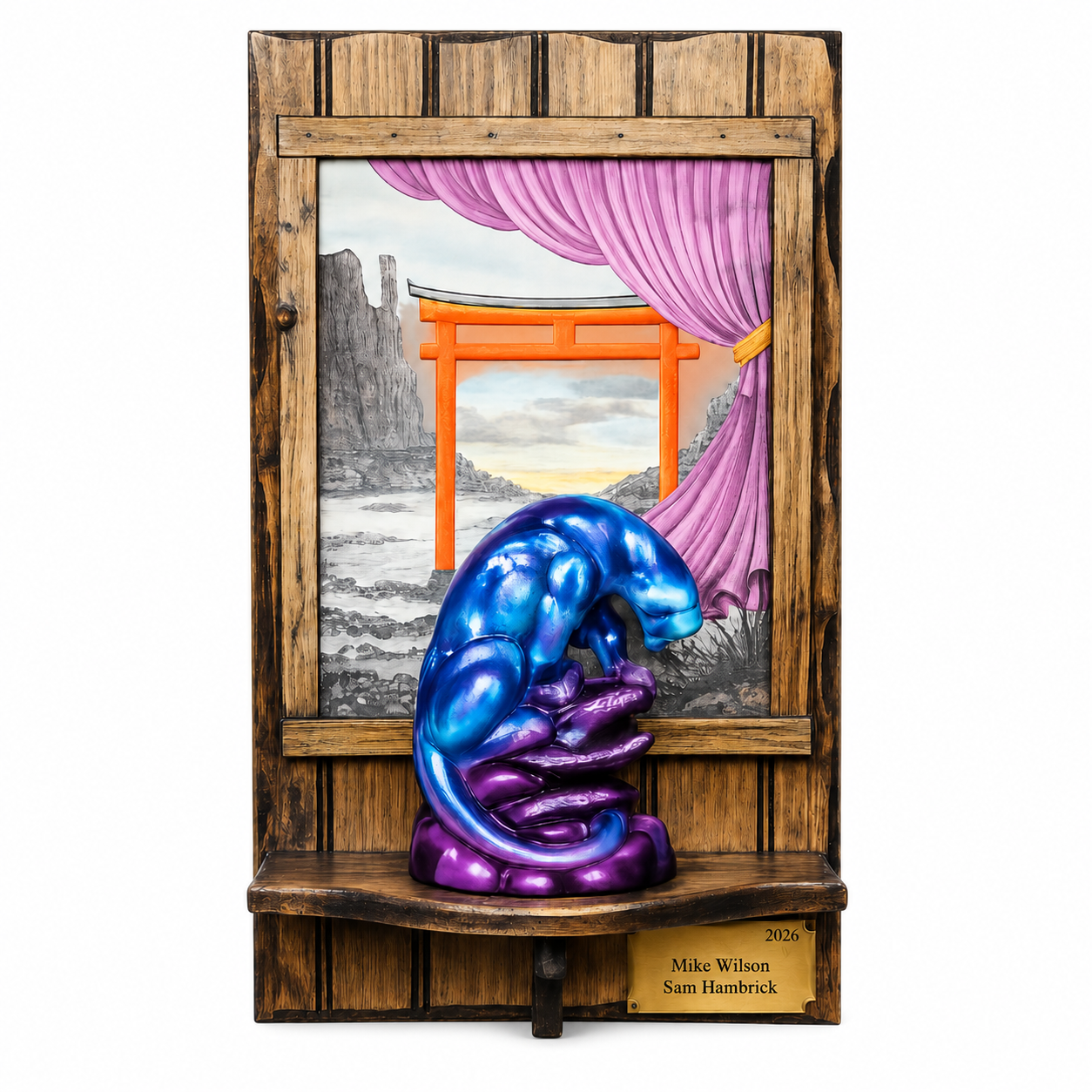 Mike Wilson and Sam Hambrick Limited Edition 2026 Wall Plaque No. 21 of 50 featuring an original 11x14 painting, handcrafted ceramic bisque sculpture, and rustic wooden display.