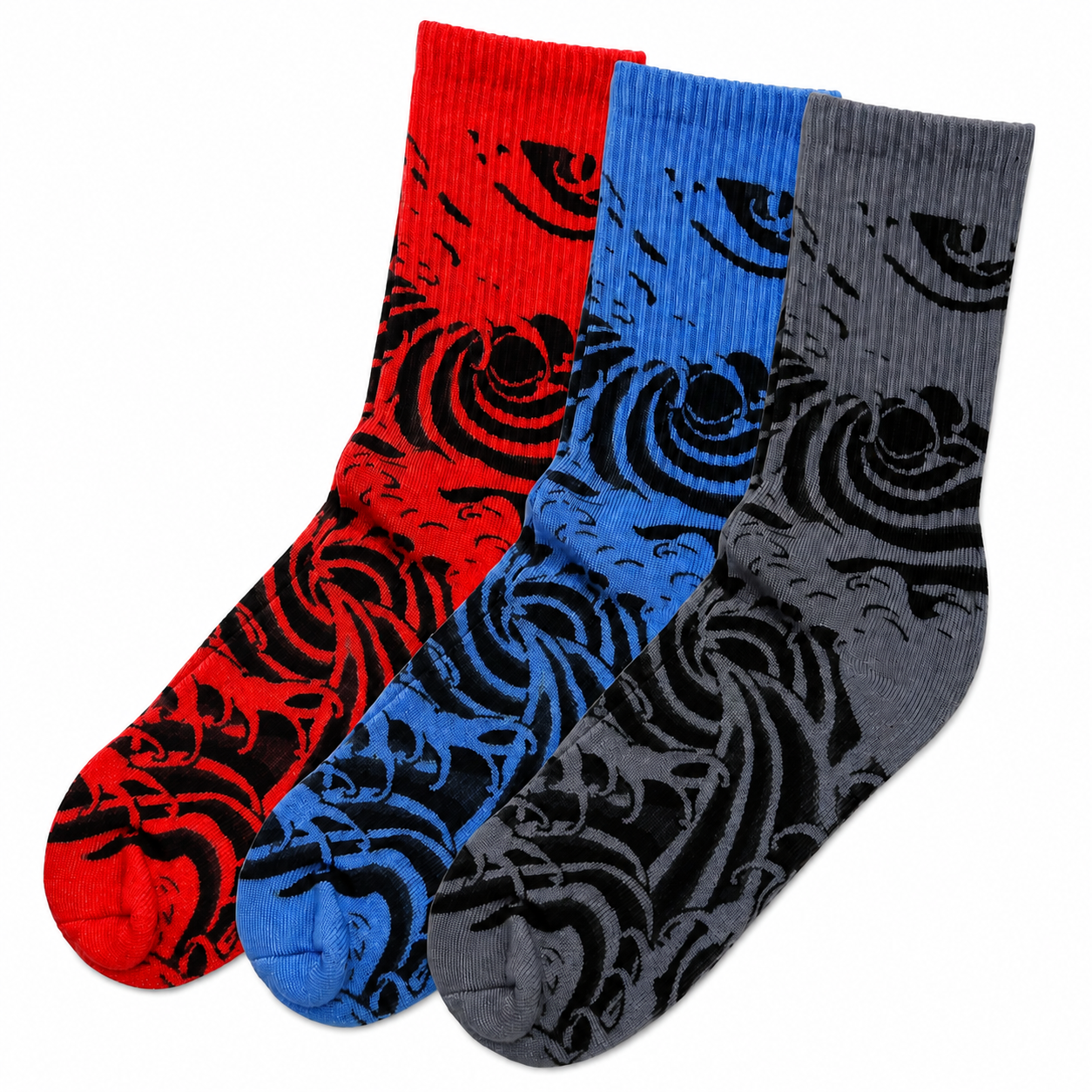 A single crew sock with a dark gray and black abstract wave-like pattern, shown against a plain white background.