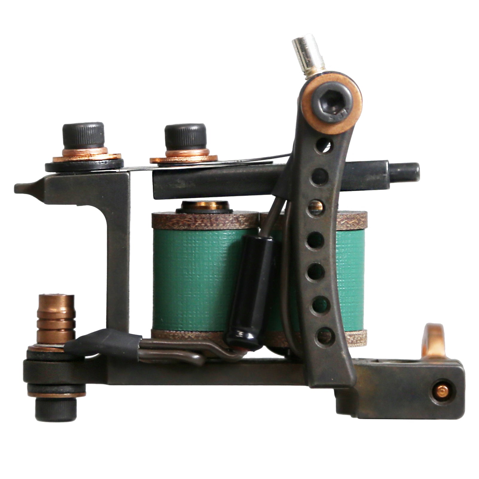 Lucky Supply Drilled Mini Bulldog tattoo machine with green coil wraps